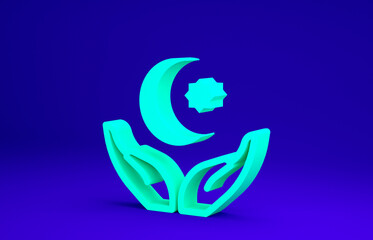 Green Star and crescent - symbol of Islam icon isolated on blue background. Religion symbol. Minimalism concept. 3d illustration 3D render