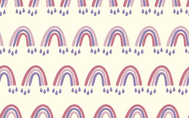 Trendy seamless pattern with colorful rainbow on color background. Design for invitation, poster, card, fabric, textile, fabric. Cute holiday illustration for baby. Doodle style