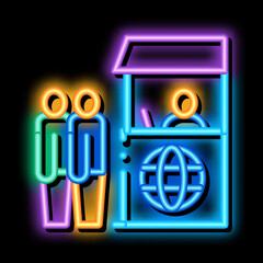 people on check control neon light sign vector. Glowing bright icon people on check control sign. transparent symbol illustration