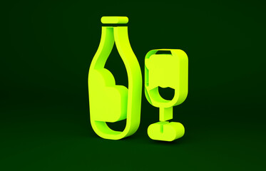 Yellow Wine bottle with glass icon isolated on green background. Minimalism concept. 3d illustration 3D render