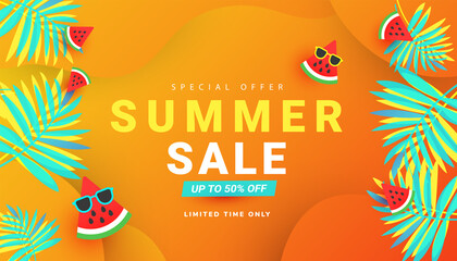 Summer sale 50 layout poster banner with ripe watermelon slices pattern and tropical leaves on an orange background