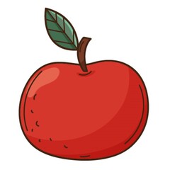 Red apple. Fruit. A symbol of autumn, harvest. Design element with outline. Doodle, hand-drawn. Flat design. Color vector illustration. Isolated on a white background.