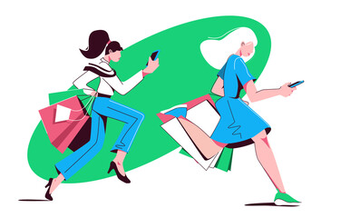 Two young shopping woman running with bags and looks into the phone, concept of sale, bestseller, informing by app. Vector illustrstion isolated on white background.