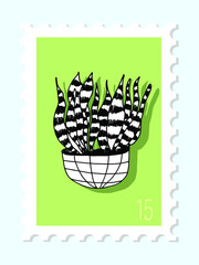 Vector beautiful hand drawn green post stamp. Modern vector isolated post stamp design. Vector illustration home plant black and white.  post stamp. Mail and post office conceptual drawing.