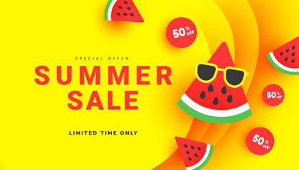 Summer sale 50 banner with ripe watermelon slices pattern on yellow background with copy space for store marketing promotion.