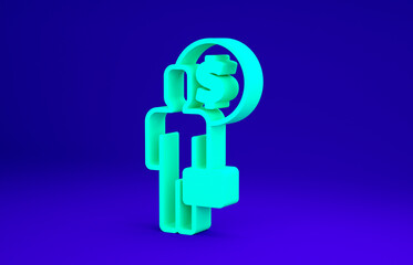 Green Business man planning mind icon isolated on blue background. Human head with dollar. Idea to earn money. Business investment growth. Minimalism concept. 3d illustration 3D render