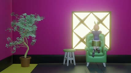 Sofa with girl 3d illustration, 3d rendering