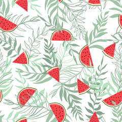 Watermelons, tropical palm leaves, seamless vector floral pattern, summer background