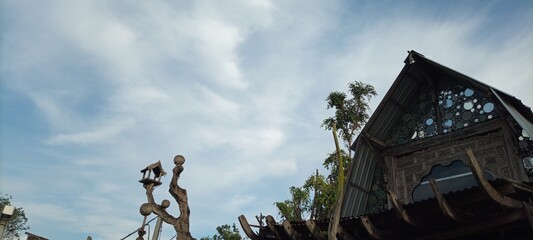 bird house on old wooden tree on cloudy blue sky