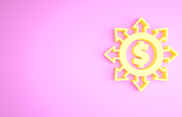 Yellow Dollar, share, network icon isolated on pink background. Minimalism concept. 3d illustration 3D render