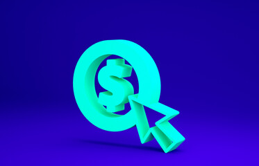 Green Coin money with dollar symbol icon isolated on blue background. Banking currency sign. Cash symbol. Minimalism concept. 3d illustration 3D render