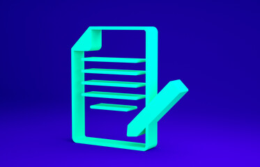 Green Document and pen icon isolated on blue background. File icon. Checklist icon. Business concept. Minimalism concept. 3d illustration 3D render