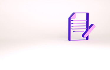 Purple Document and pen icon isolated on white background. File icon. Checklist icon. Business concept. Minimalism concept. 3d illustration 3D render
