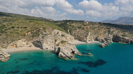 Aerial drone photo of beautiful turquoise paradise beach of Kaladi one of the best in island of Kythera, Ionian, Greece