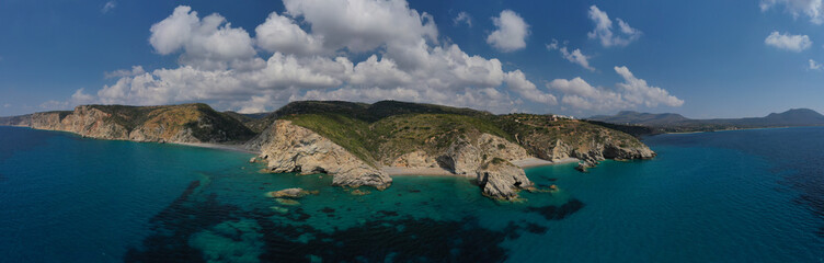 Aerial drone photo of beautiful turquoise paradise beach of Kaladi one of the best in island of Kythera, Ionian, Greece