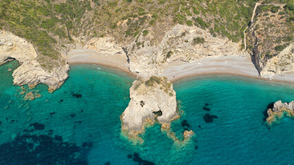 Aerial drone photo of beautiful turquoise paradise beach of Kaladi one of the best in island of Kythera, Ionian, Greece