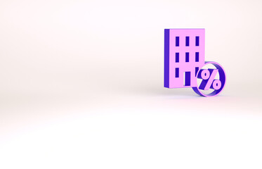 Purple House with percant discount tag icon isolated on white background. Real estate home. Credit percentage symbol. Minimalism concept. 3d illustration 3D render
