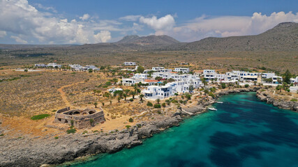 Obraz premium Aerial drone photo of famous seaside village and castle of Avlemonas, Kythira island, Ionian, Greece