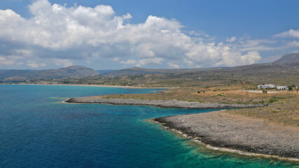 Aerial drone photo of famous seaside village and castle of Avlemonas, Kythira island, Ionian, Greece