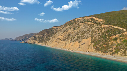 Aerial drone photo of beautiful turquoise beach of Komponada, Kythera island, Ionian, Greece