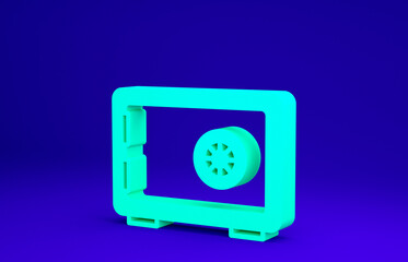 Fototapeta premium Green Safe icon isolated on blue background. The door safe a bank vault with a combination lock. Reliable Data Protection. Minimalism concept. 3d illustration 3D render