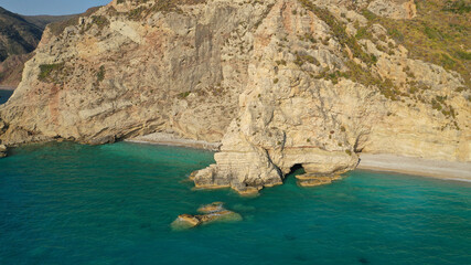 Obraz premium Aerial drone photo of beautiful turquoise beach of Komponada, Kythera island, Ionian, Greece