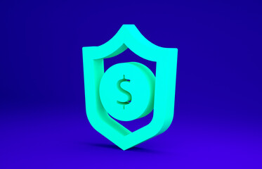 Green Shield with dollar symbol icon isolated on blue background. Security shield protection. Money security concept. Minimalism concept. 3d illustration 3D render