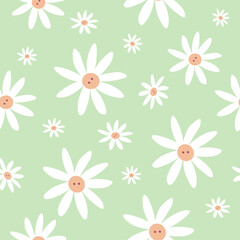 Seamless Pattern White Daisy Chamomile Vector Illustration. For printing on textiles, fabric, wrapping paper, wall paper interior design. Vector graphics.