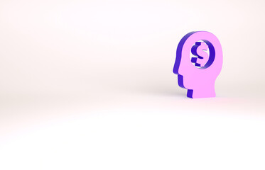Purple Business man planning mind icon isolated on white background. Human head with dollar. Idea to earn money. Business investment growth. Minimalism concept. 3d illustration 3D render