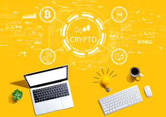 Crypto Trading theme with computers with a light bulb