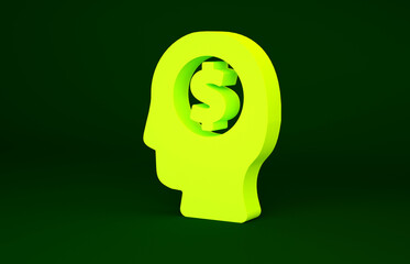 Yellow Business man planning mind icon isolated on green background. Human head with dollar. Idea to earn money. Business investment growth. Minimalism concept. 3d illustration 3D render