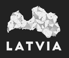 Latvia - communication network map of country. Latvia trendy geometric design on dark background. Technology, internet, network, telecommunication concept. Vector illustration.