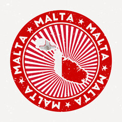 Malta round stamp. Logo of island with flag. Vintage badge with circular text and stars, vector illustration.