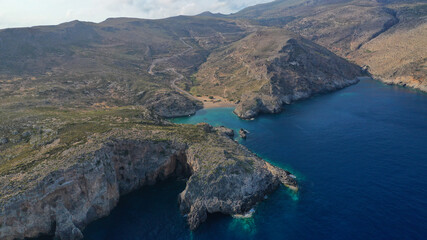 Fototapeta na wymiar Aerial drone photo of beautiful and exotic emerald organised small beach of Melidoni, Kythera island, Ionian, Greece