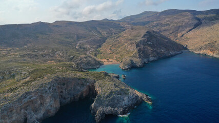 Aerial drone photo of beautiful and exotic emerald organised small beach of Melidoni, Kythera island, Ionian, Greece