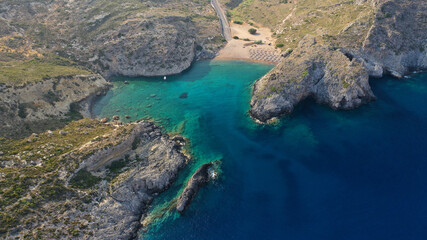 Aerial drone photo of beautiful and exotic emerald organised small beach of Melidoni, Kythera island, Ionian, Greece