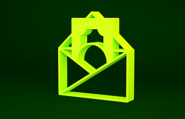 Yellow Envelope with coin dollar symbol icon isolated on green background. Salary increase, money payroll, compensation income. Minimalism concept. 3d illustration 3D render