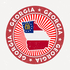 Georgia round stamp. Logo of us state with state flag. Vintage badge with circular text and stars, vector illustration.