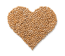Raw dry chickpeas in a heart shape isolated on white background. Vegetarian food and hummus ingredient. Legume as source of vegetable protein, carbohydrates, fats and fiber.