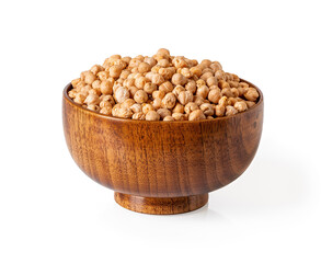 Chickpea raw dry beans in a wooden bowl isolated on white background. Ingredient of vegetarian food and hummus. Legume as source of vegetable protein, carbohydrates, fats and fiber.