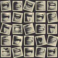 Seamless pattern in retro style with a collage of square fragments that depict human mouths expressing various emotions. Monochrome vector background. Suitable for Wallpaper, wrapping paper, fabric