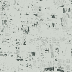 Abstract seamless pattern with fragments of unreadable newspaper text, headlines and illustrations on a light backdrop. Chaotic monochrome vector background. Wallpaper, wrapping paper, fabric design
