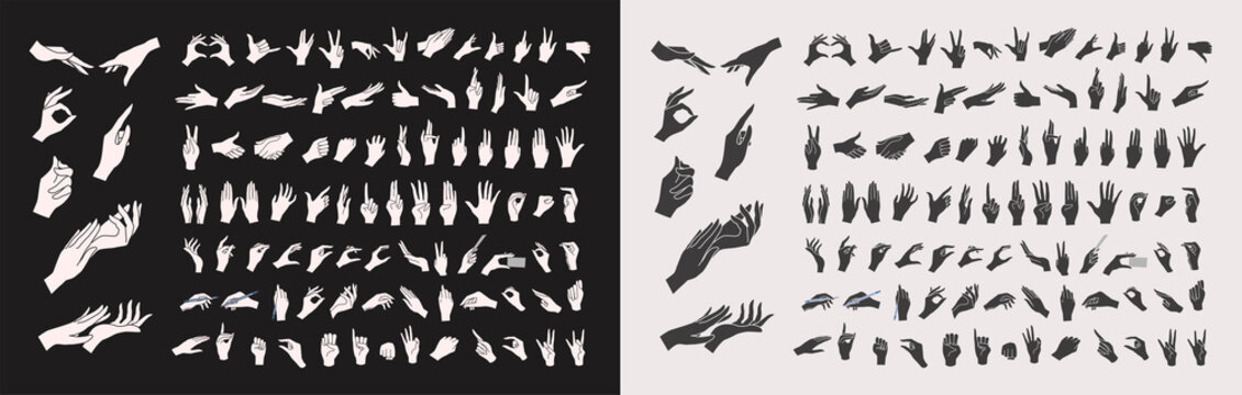 Gestures. A set of hands in different gestures? Silhouettes of hands. Women's hands in various situations. On a white background isolated. Vector illustration
