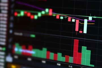 Fototapeta premium Bitcoin cryptocurrency price chart falling and rising on digital market exchange. Trader profit