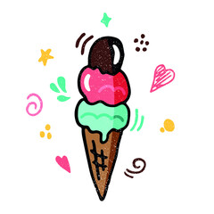 Ice cream icon or logo isolated on white background with snowing texture for banner, signage, menu, café advertisement, product design. Doodle style bright colorful illustration with cute elements 