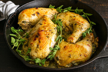 Oven-Roasted Greek Chicken Quarters in a Cast-Iron Skillet: Pieces of chicken marinated in Greek yogurt, lemons, and herbs