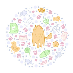 Round pattern of cute kitty, cat care elements and round spots. Perfect for scrapbooking, textile and prints. Hand drawn vector illustration for decor and design.
