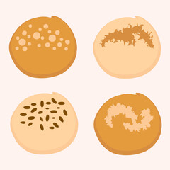 Set of four different cute delicious buns. Design for T-shirt, textile and prints. Hand drawn vector illustration for decor and design.
