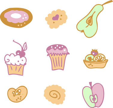 Set of pastries and fruits multicolor icons. Hand drawn vector illustration for decor and design.
