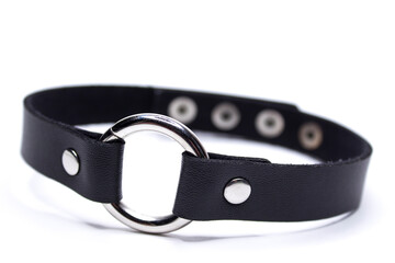 Leather choker with a circle. Decoration on the neck. Isolated on a white background.